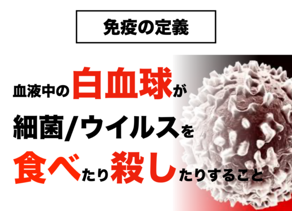 免疫をカラダの中の白血球が細菌/ウイルスを食べたり殺したりする働きだと定義している画像