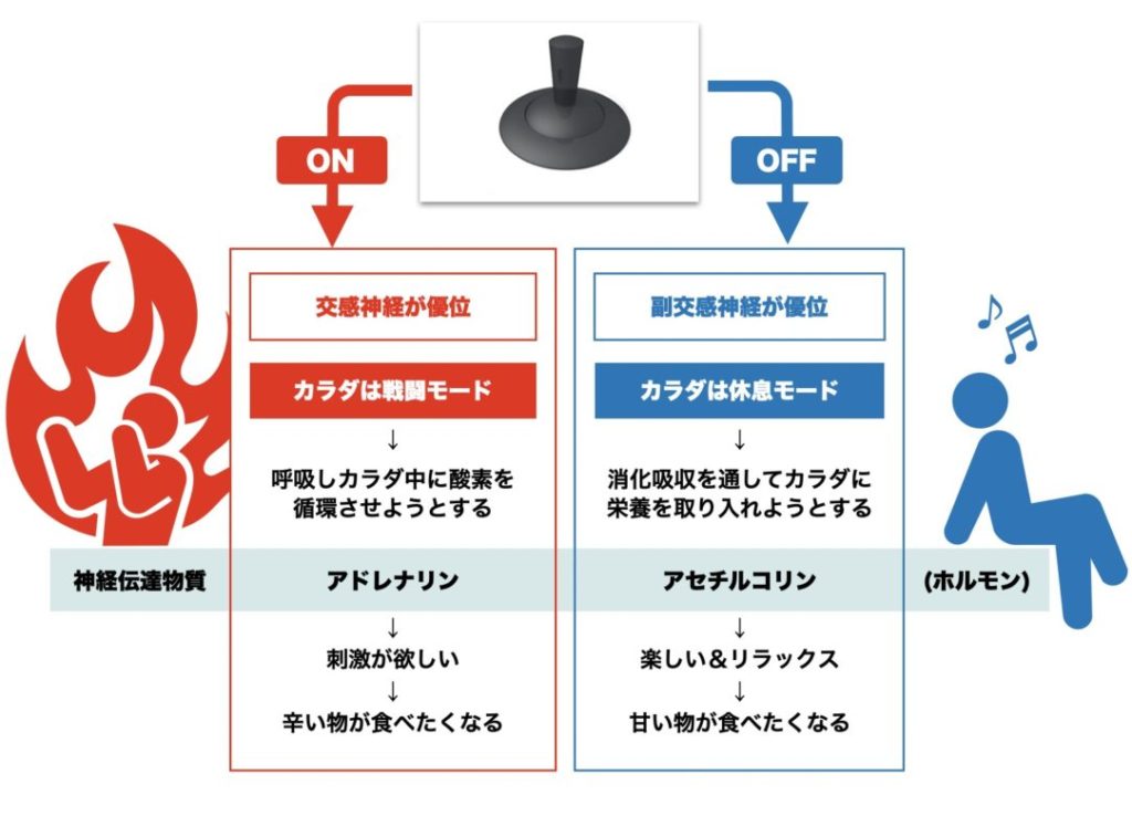交感神経優位と副交感神経優位を切り替えるスイッチを説明するイメージ
