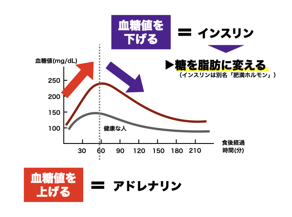インスリンの働きである糖を脂肪に変える働きを説明する図