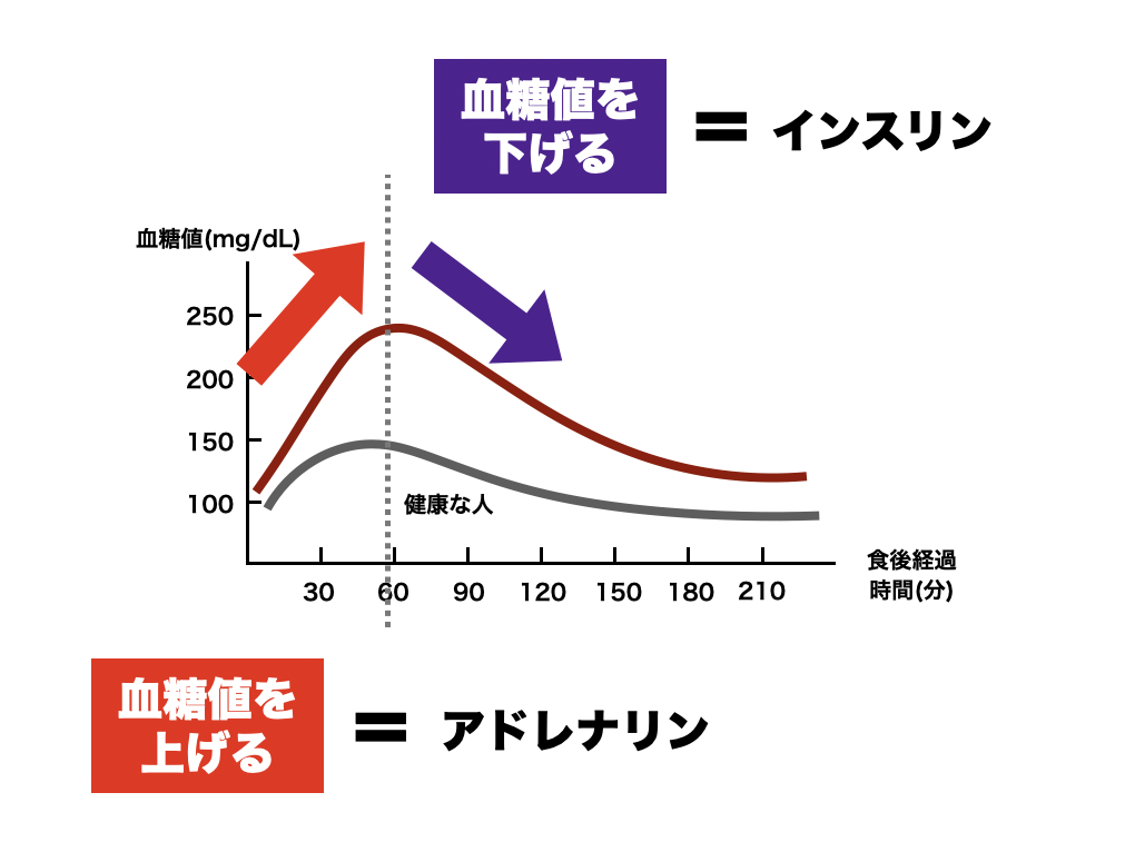 血糖値を上げるアドレナリンと血糖値を下げるインスリンの働きを説明する図