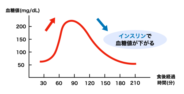 血糖値が急上昇してインスリンが分泌されているグラフイメージ