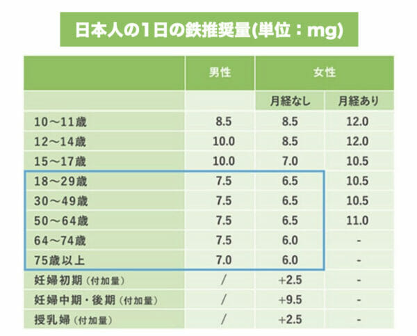 消費者庁によって設定された「栄養素等表示基準値」1日分の鉄推奨量の表