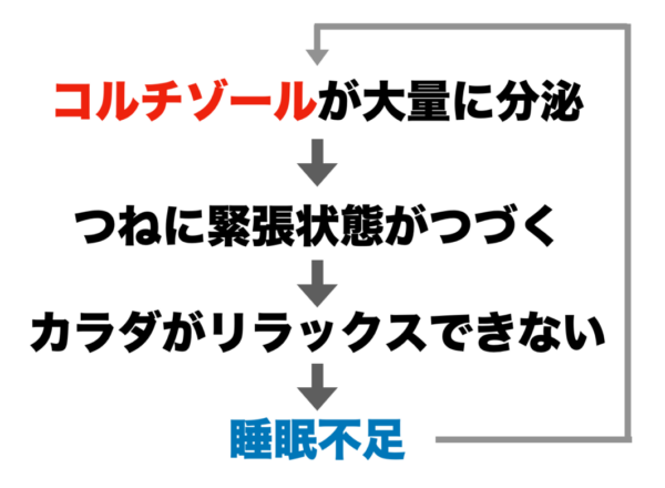 睡眠不足になるとコルチゾールがでて痩せにくい体質になってしまうことをわかりやすくまとめたイメージ