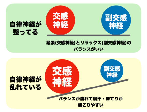 自律神経が乱れると寝汗やほてりが起こりやすいことを説明した図のイメージ